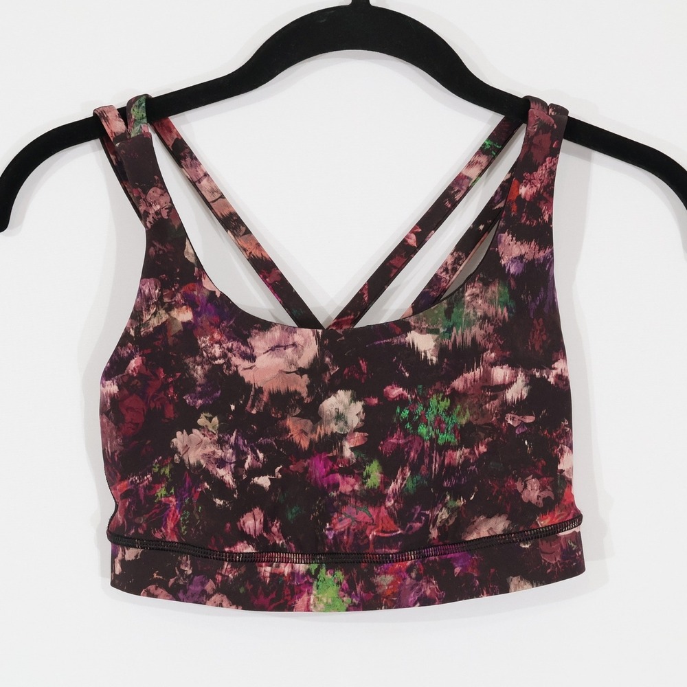 Lululemon Free to Be Sport Bra Women 4 Black Floral Strappy Workout Gym Yoga
